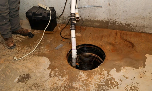 basement sump pump pit with standing water and drainage setup after flooding