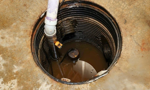 basement sump pit with standing water and pump system after flooding