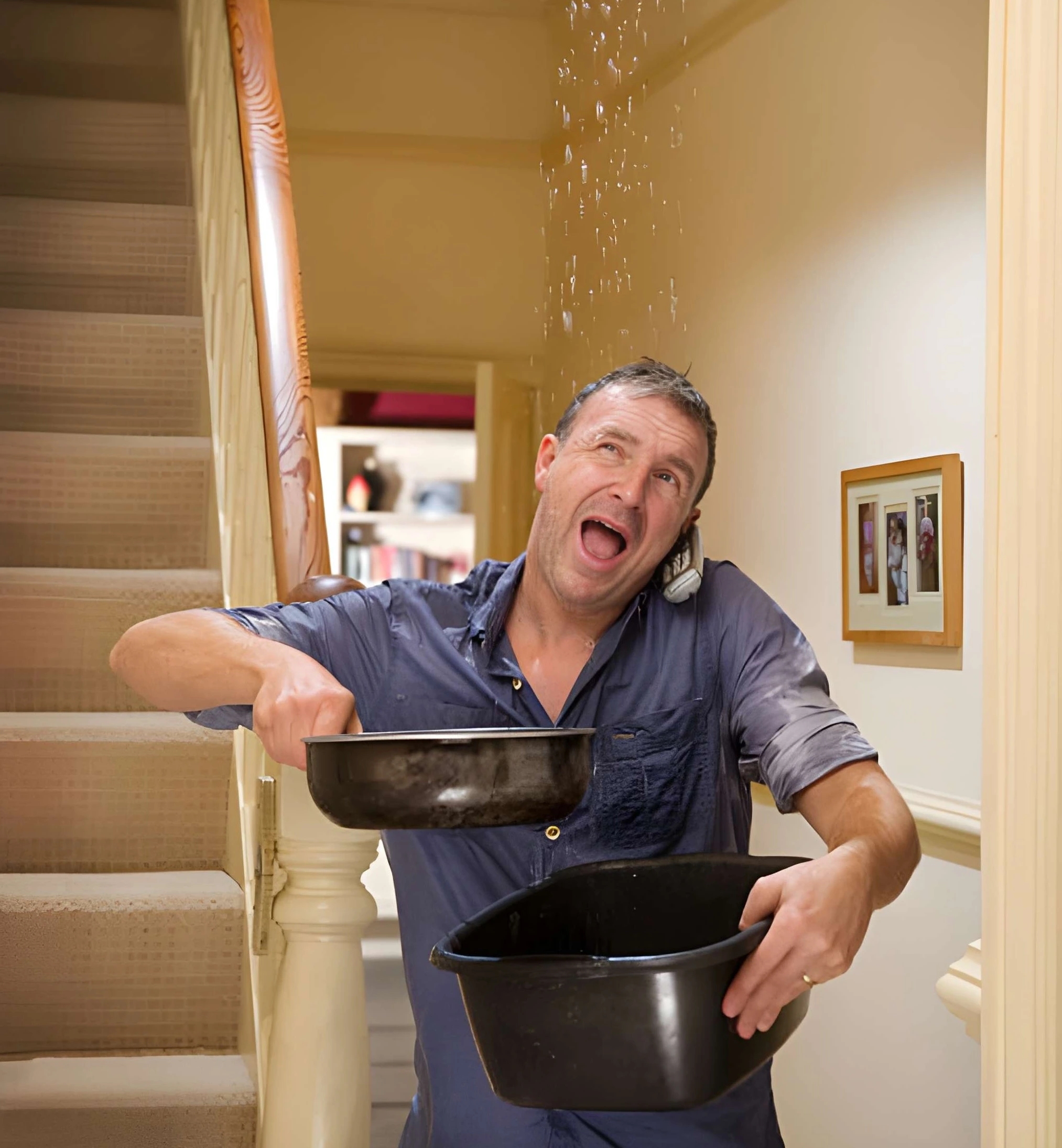homeowner catching ceiling water leak with buckets while speaking on phone during active indoor plumbing or roof leak