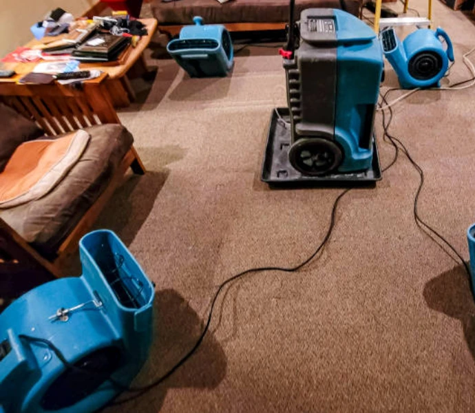 Multiple blue commercial air movers and a dehumidifier deployed across a carpeted living room floor during professional water damage drying and restoration services