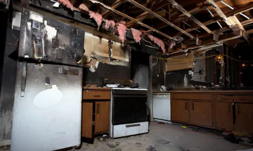 fire and smoke damage in kitchen with burned cabinets, appliances, and exposed ceiling insulation