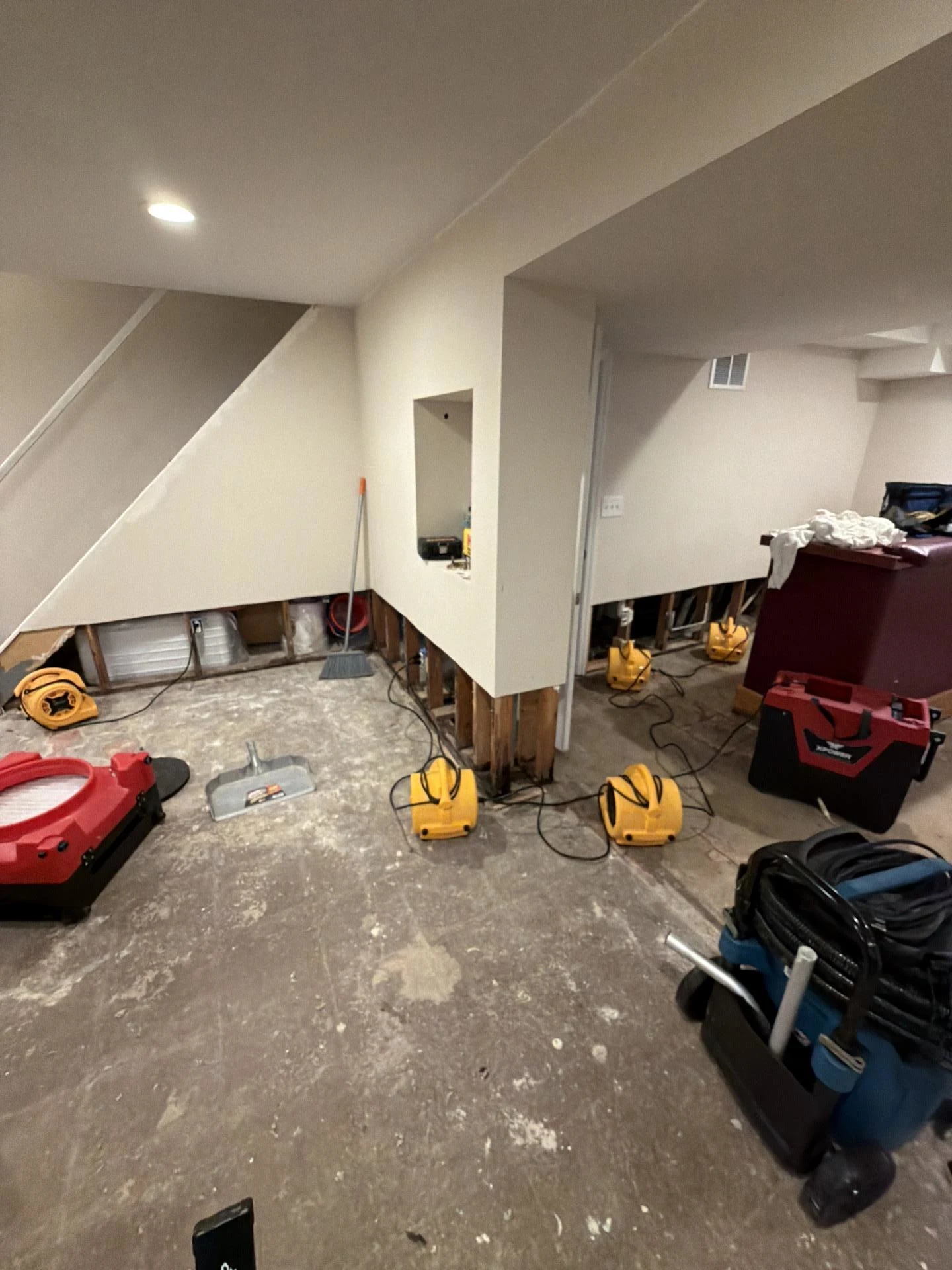 basement water damage mitigation with removed drywall, exposed framing, and air movers drying structure