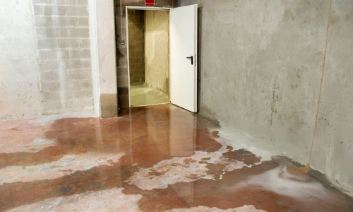 basement flooding with standing water on concrete floor near doorway