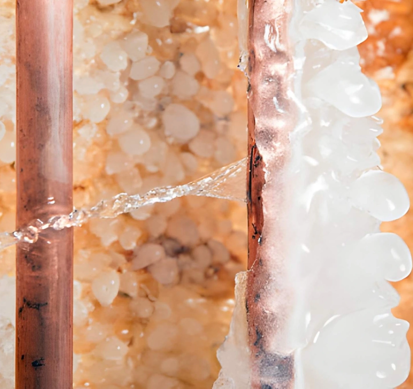 Burst frozen copper pipe spraying water inside a wall cavity surrounded by insulation, showing signs of freeze damage and mineral buildup