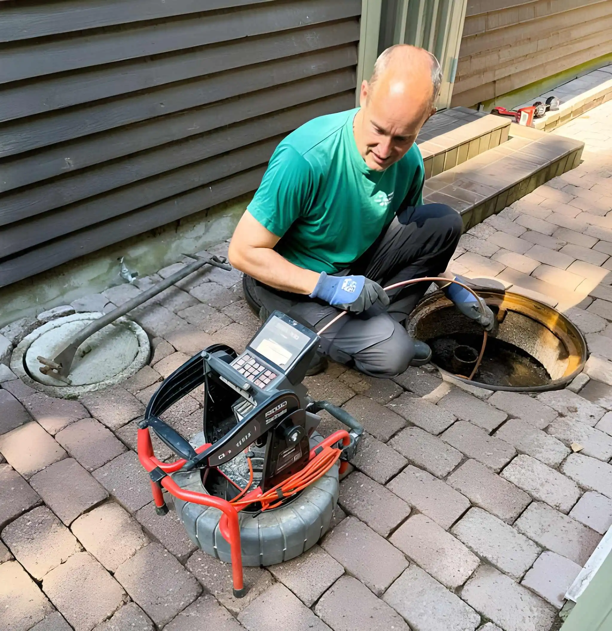 technician performing sewer camera inspection through outdoor cleanout to diagnose drainage or blockage issues