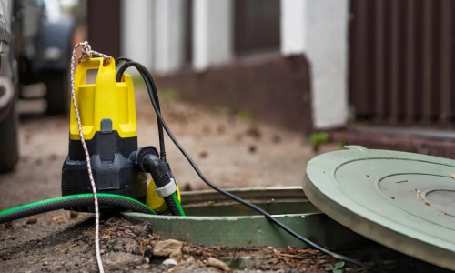 submersible pump removing water from outdoor sump pit after flooding