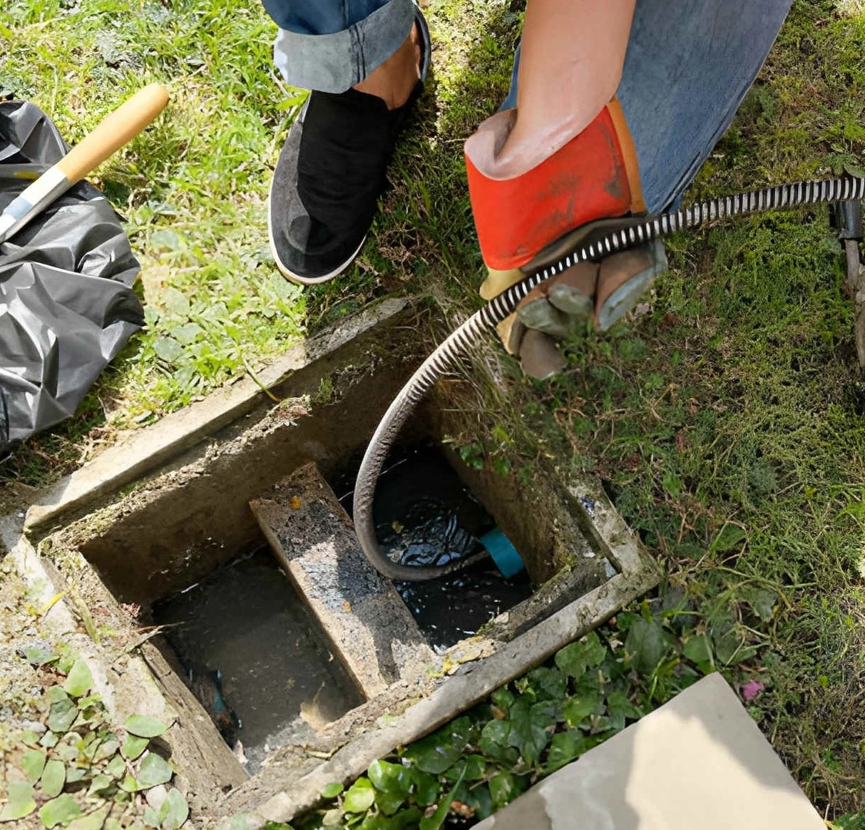 drain cleaning using a handheld auger snake inserted into outdoor yard drain catch basin to clear blockage