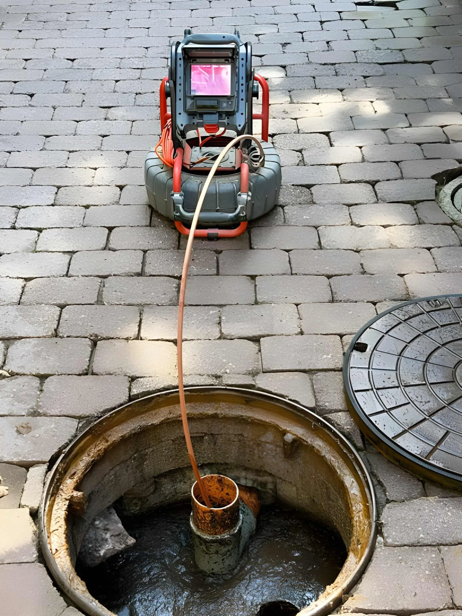 sewer line inspection using drain camera inserted into outdoor cleanout access point