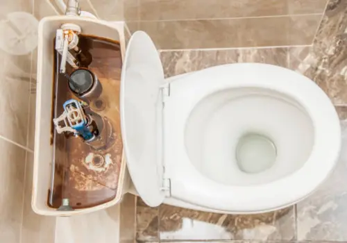 Overhead view of a toilet with an open tank showing rusty brown water and corroded internal components, indicating sewage contamination or severe mineral buildup requiring plumbing restoration