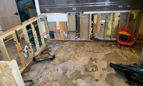 kitchen water damage cleanup with removed cabinets and exposed subfloor drying after leak