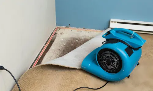 carpet water damage drying with air mover lifting carpet to dry padding and subfloor