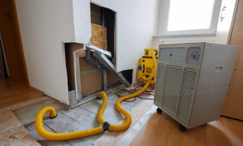 water damage drying setup with dehumidifier and air mover drying wall cavity after leak