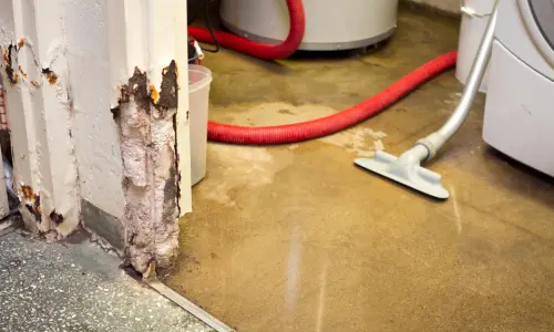 water damage cleanup with extraction hose removing standing water and damaged drywall base near doorway
