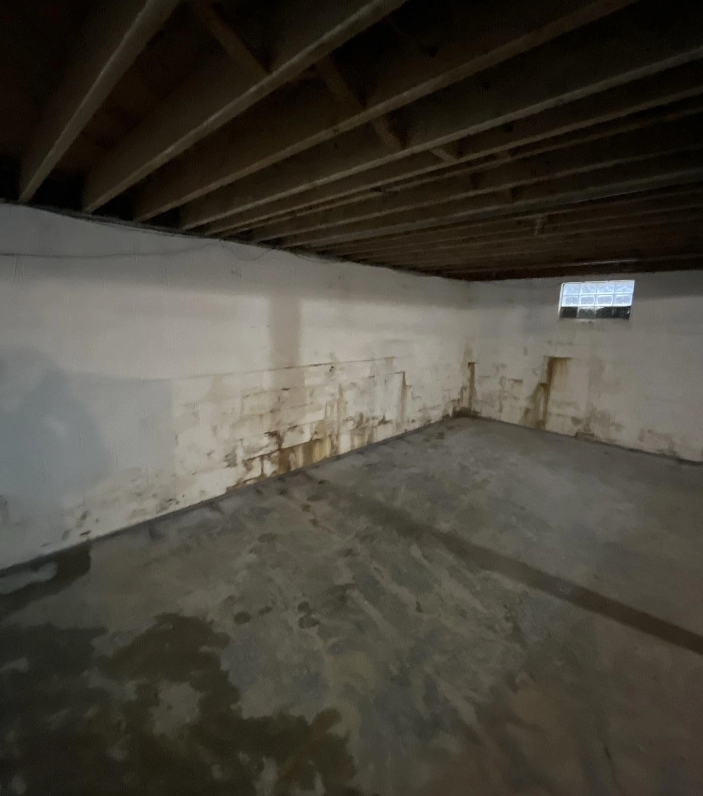unfinished basement with widespread water intrusion, visible wall seepage lines, and damp concrete floor from foundation leaks