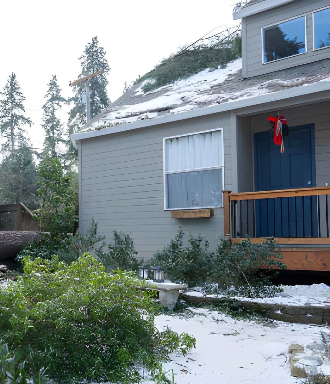 home with roof damage from storm or fallen tree, showing debris, partial collapse, and exterior impact near yard and structure