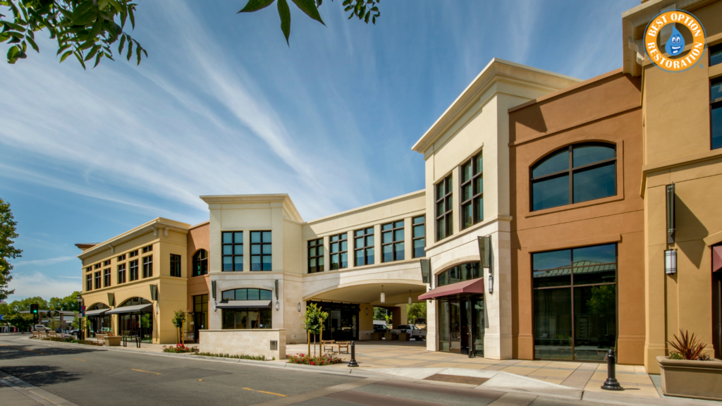 Street view of a modern shopping center under a blue sky. The buildings feature large windows, earth-toned exteriors, and an inviting, sunny atmosphere.