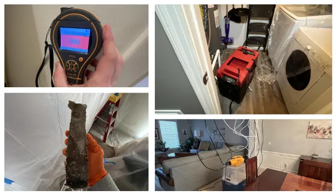 water damage inspection and drying setup with moisture meter readings, damaged materials, and dehumidifier equipment
