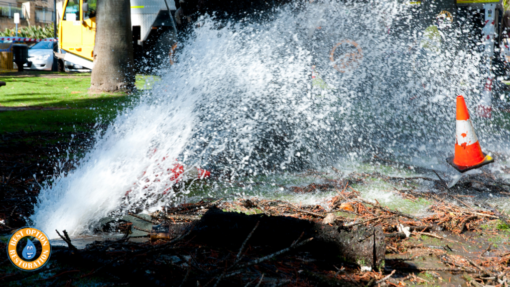 A burst water pipe in a grassy area sprays water forcefully. A traffic cone lies nearby, and maintenance vehicles are visible in the background.