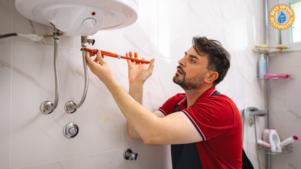 A man in a red shirt uses a wrench to fix a water heater in a tiled bathroom. He appears focused and determined, with tools nearby on a shelf.