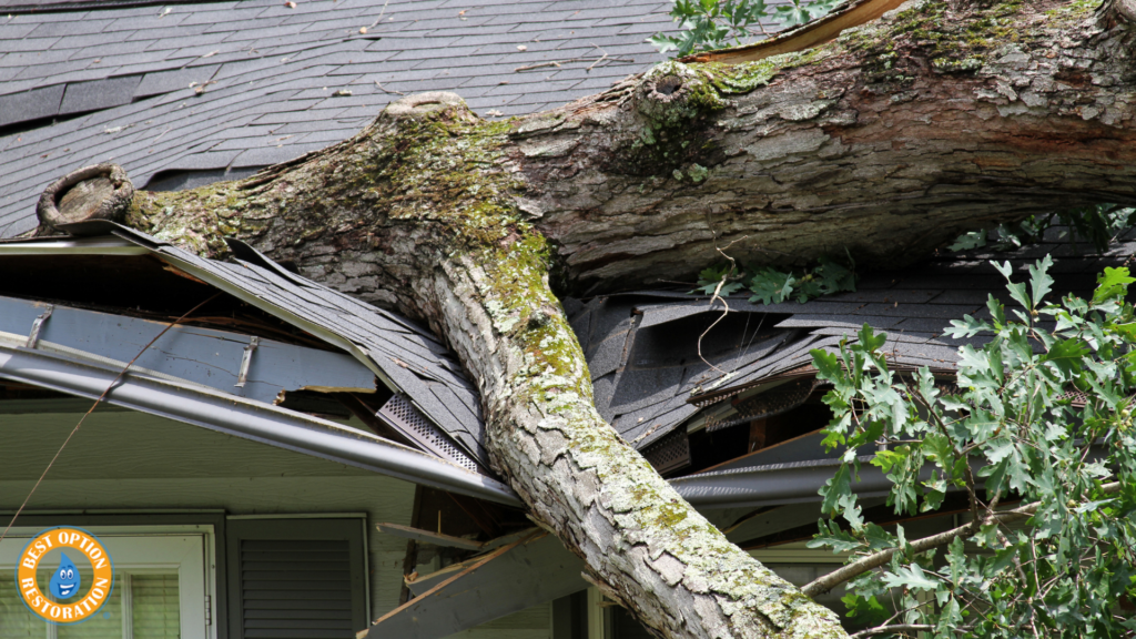 A large tree trunk has fallen onto a gray house roof, causing significant damage. The scene conveys destruction and urgency for repairs.